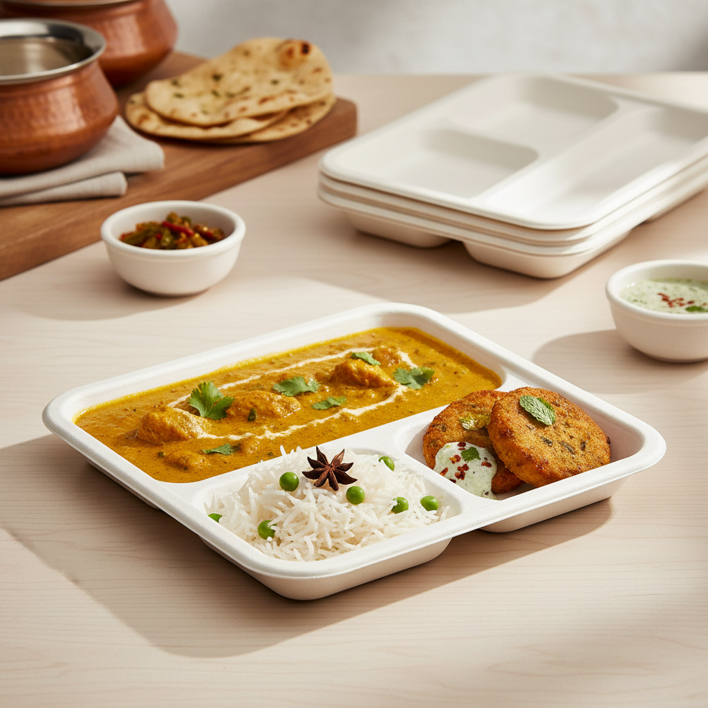 3-Compartment Square Bagasse Plate – Eco-Friendly & Compostable