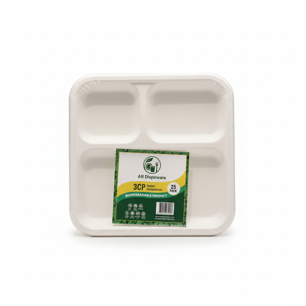 3-Compartment Square Bagasse Plate – Eco-Friendly & Compostable