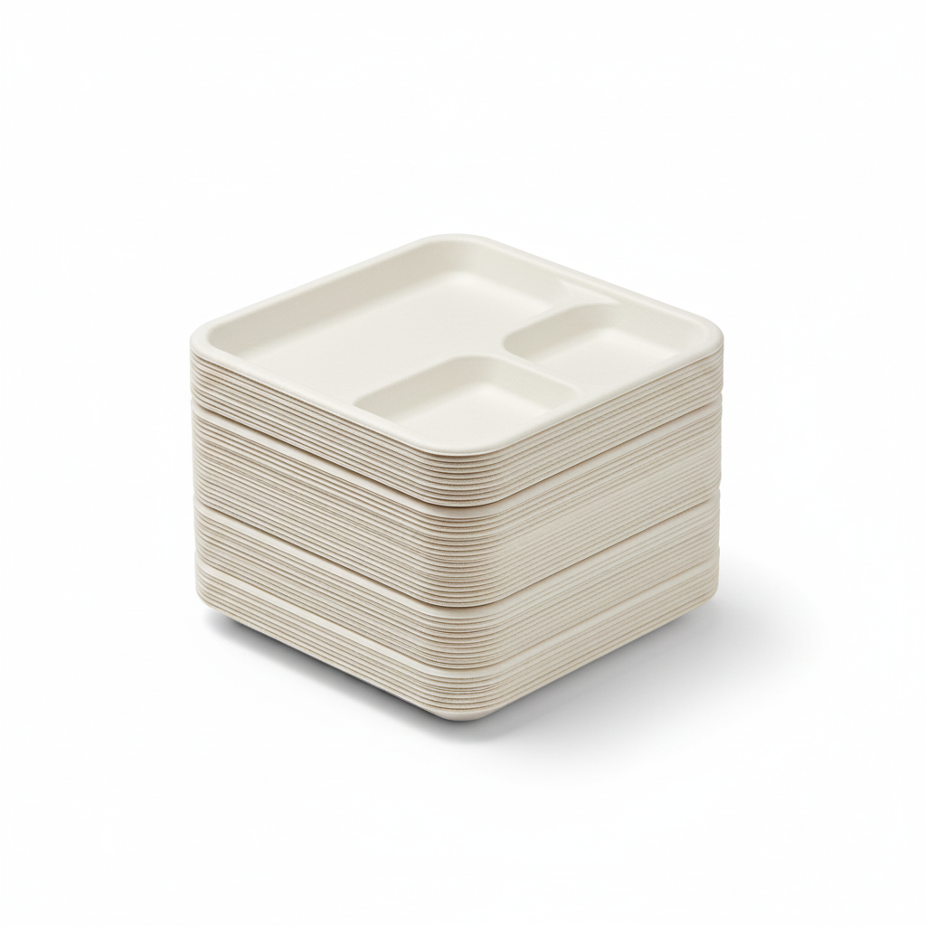 3-Compartment Square Bagasse Plate – Eco-Friendly & Compostable