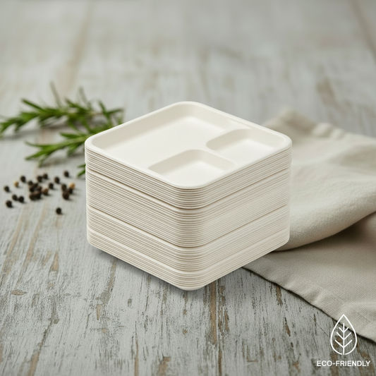 3-Compartment Square Bagasse Plate – Eco-Friendly & Compostable
