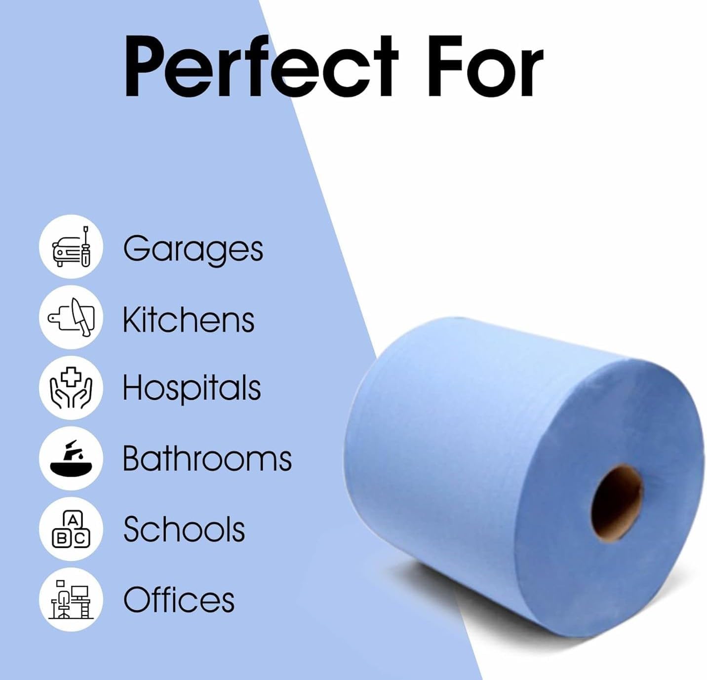 Blue & White 2-Ply Paper Rolls – 100m Embossed Disposable Wiping Rolls | Strong, Absorbent Industrial & Kitchen Cleaning Rolls | Available in Packs of 6