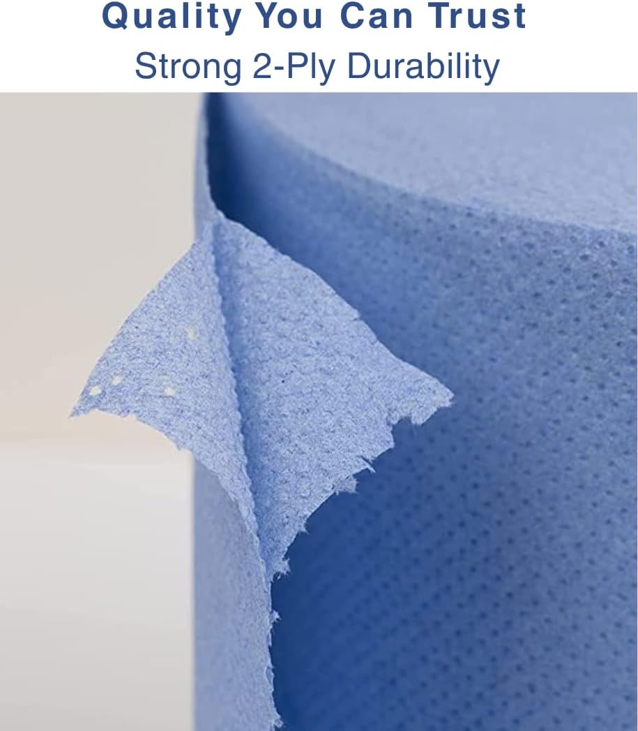 Blue & White 2-Ply Paper Rolls – 100m Embossed Disposable Wiping Rolls | Strong, Absorbent Industrial & Kitchen Cleaning Rolls | Available in Packs of 6