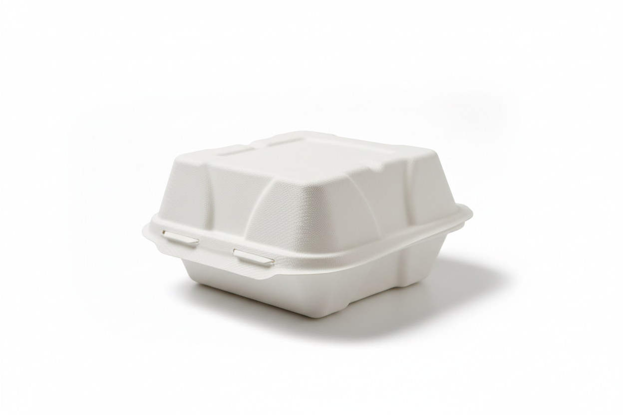 6 x 6 Bagasse Clamshell Container – Eco-Friendly & Compostable