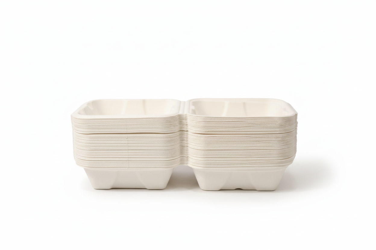 6 x 6 Bagasse Clamshell Container – Eco-Friendly & Compostable
