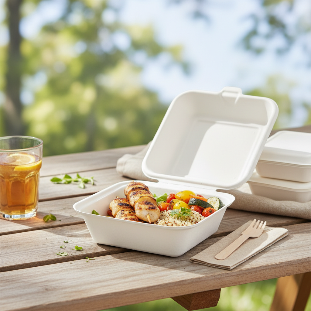 6 x 6 Bagasse Clamshell Container – Eco-Friendly & Compostable