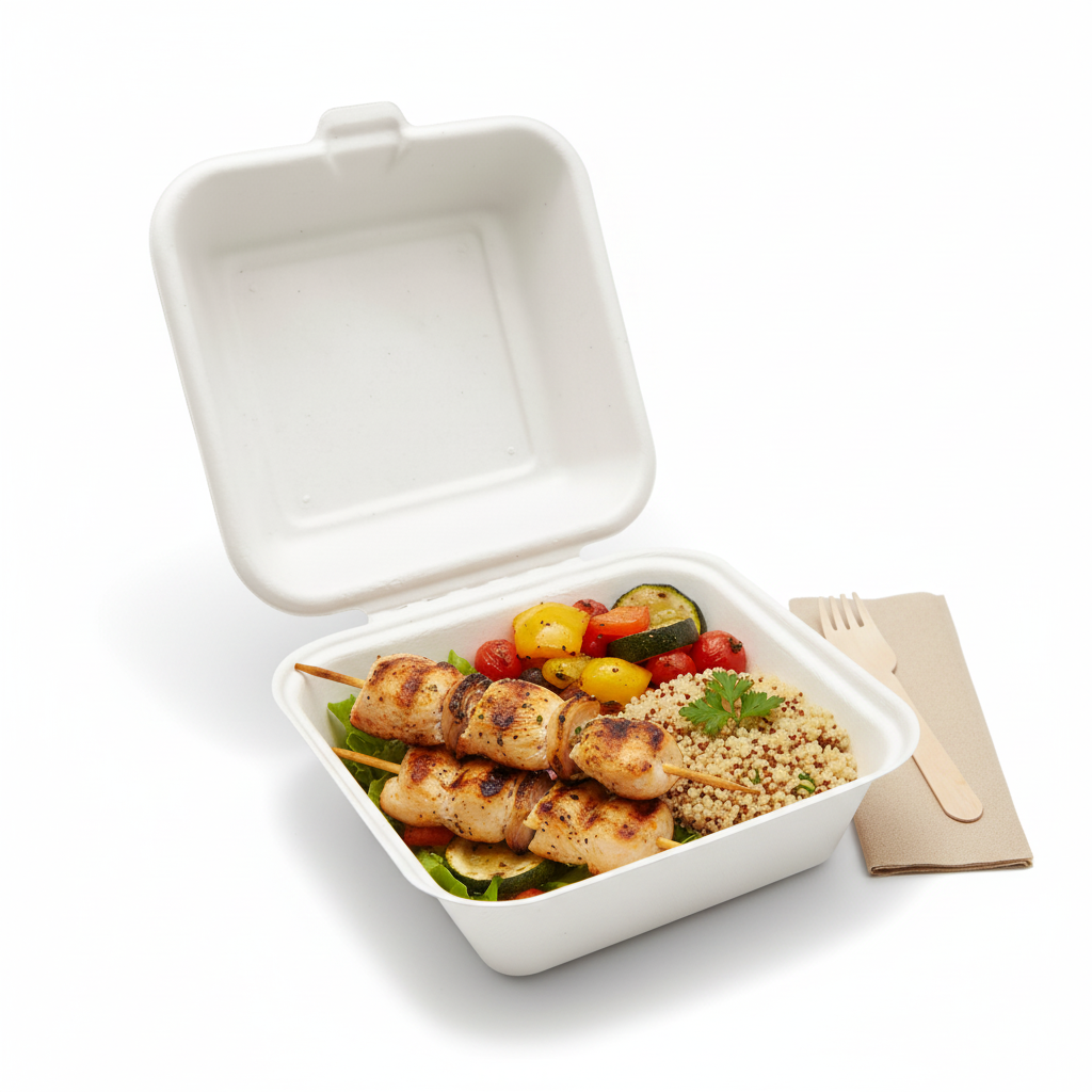 6 x 6 Bagasse Clamshell Container – Eco-Friendly & Compostable