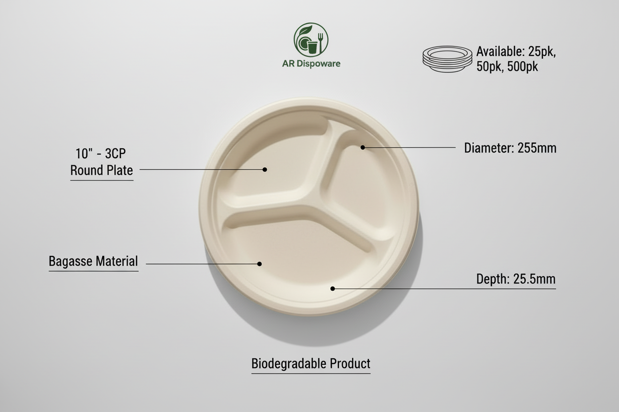 10" Round 3 - Compartment Bagasse Plate – Eco-Friendly & Compostable