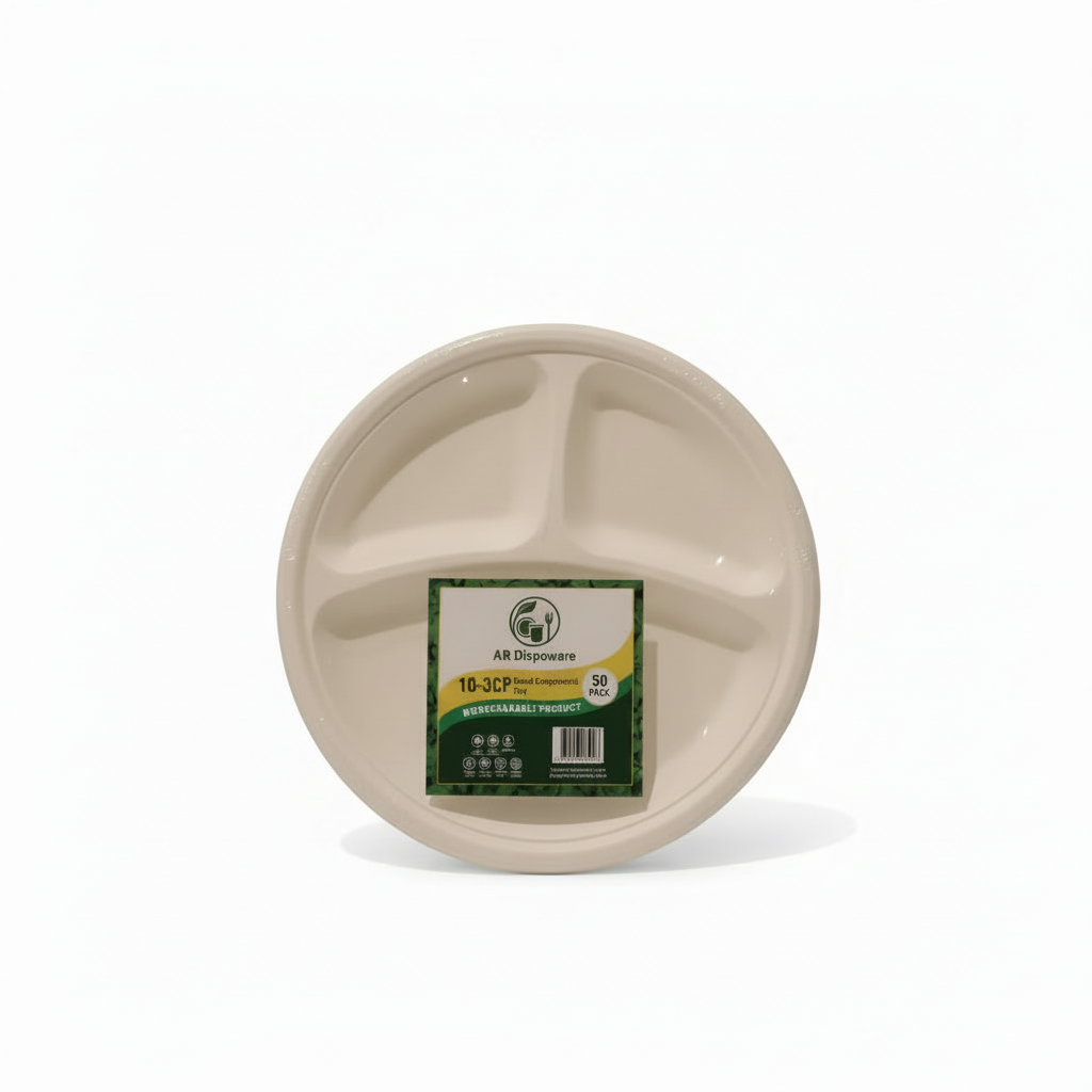10" Round 3 - Compartment Bagasse Plate – Eco-Friendly & Compostable