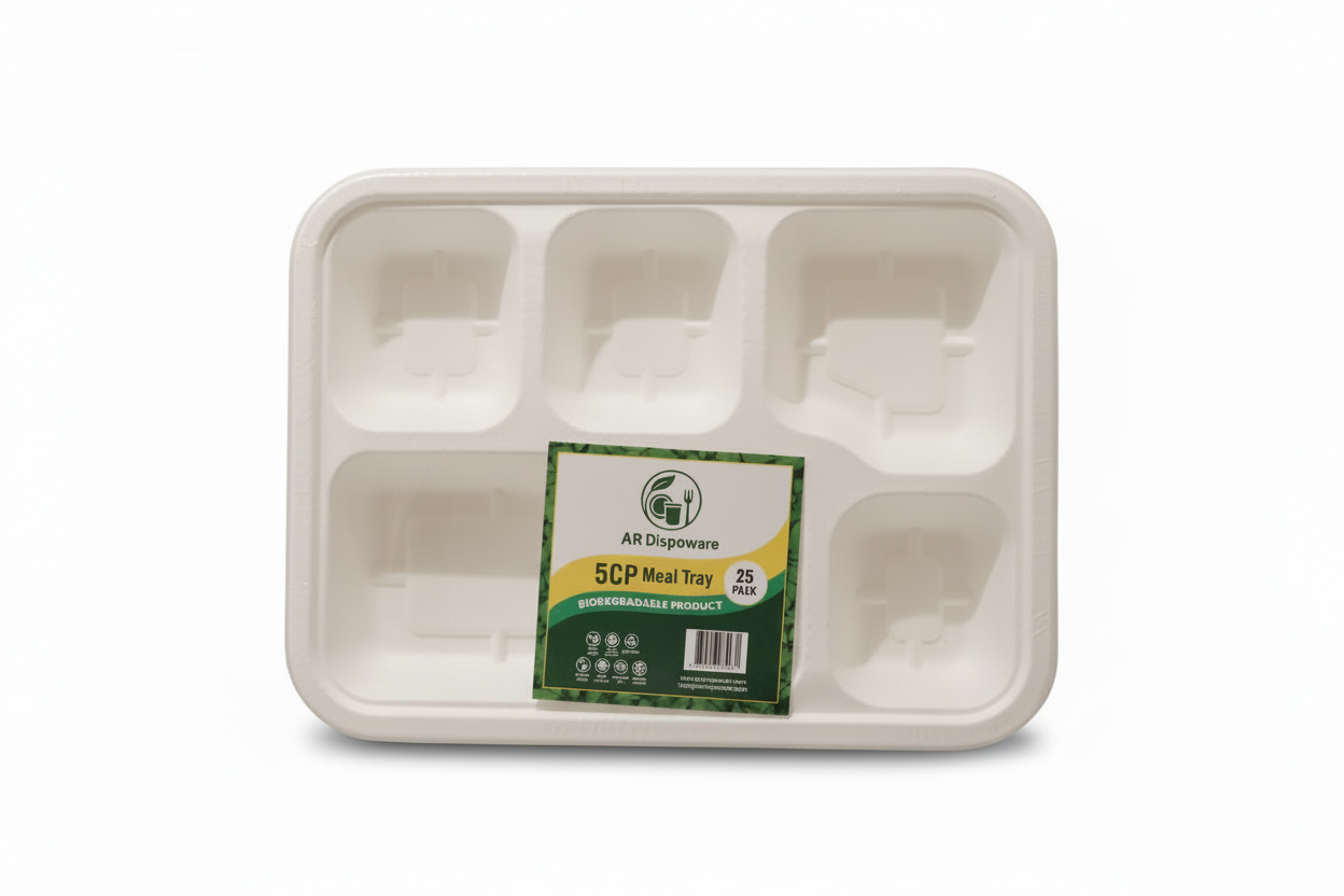 5-Compartment Bagasse Meal Tray – Eco-Friendly &amp; Compostable