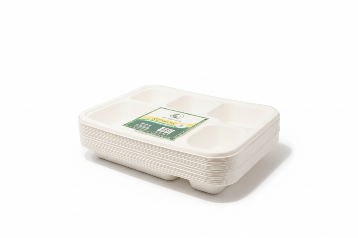 5-Compartment Bagasse Meal Tray – Eco-Friendly &amp; Compostable