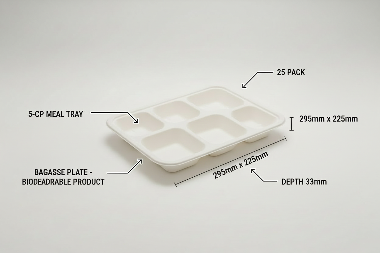 5-Compartment Bagasse Meal Tray – Eco-Friendly &amp; Compostable
