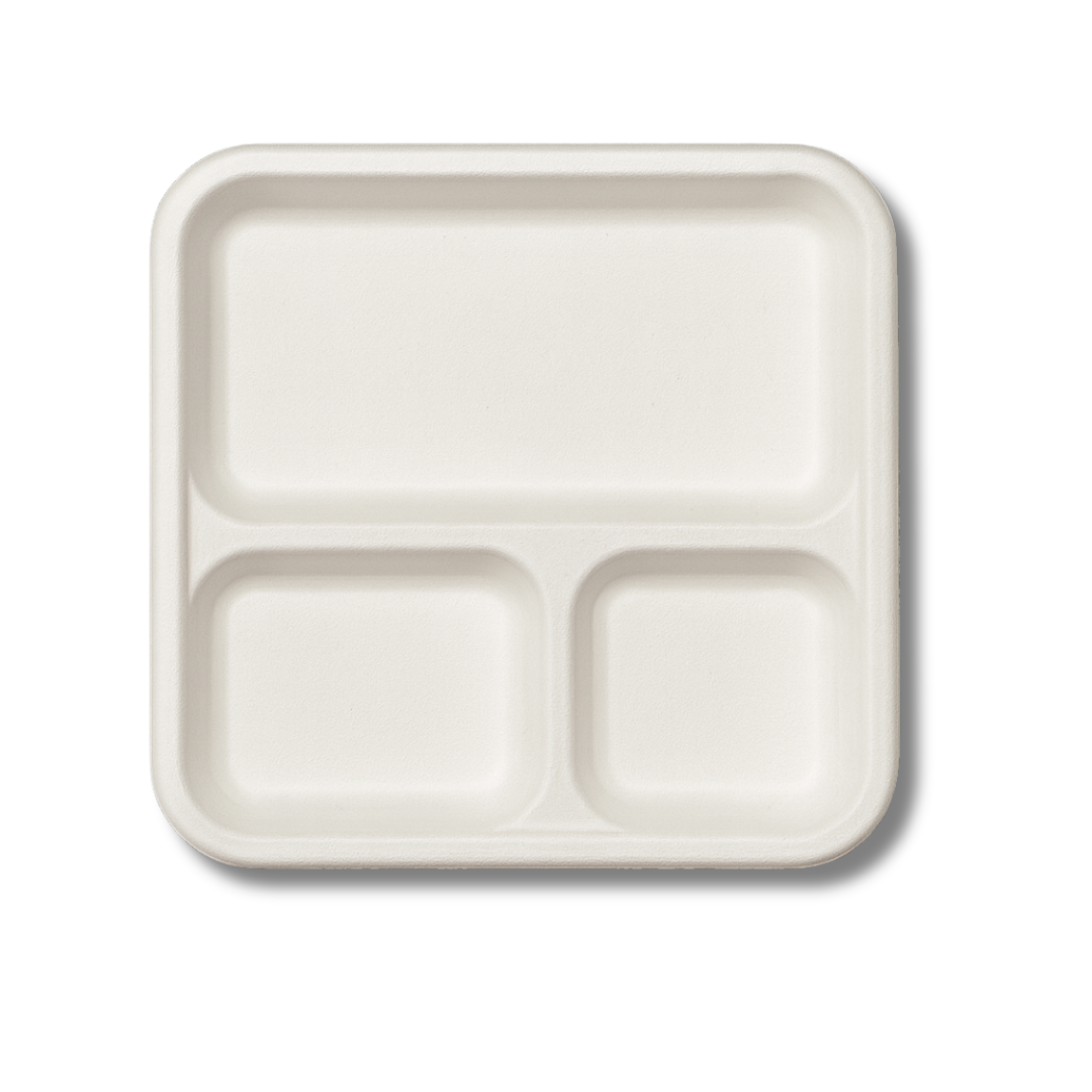 3-Compartment Square Bagasse Plate – Eco-Friendly & Compostable